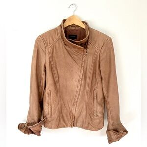 Danier Caramel Brown Leather Shawl Collar Moto Jacket